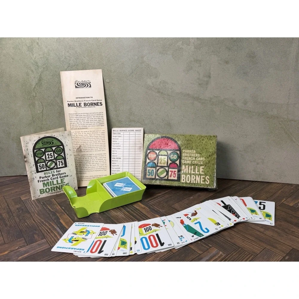 Mille Bornes 1962 Parker Brothers French Card Game Complete with Card Trays